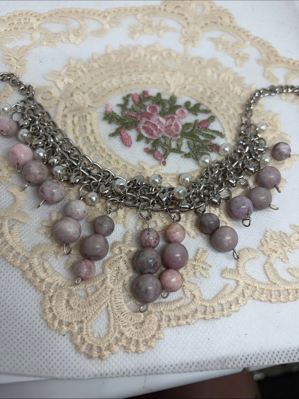 OOAK Genuine Pink Jasper Statement Necklace | Layered Bib Necklace Adjustable - Picture 8 of 10